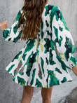 Printed Green High Waist Long Sleeve Dress