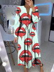 Strawberry Lips Print V-Neck Long Sleeve Dress