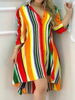 Rainbow Striped Button Long Sleeve Irregular Dress
