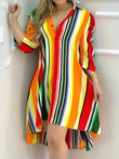 Rainbow Striped Button Long Sleeve Irregular Dress