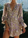 Printed V-Neck Long-Sleeve Open-Back Lace-Up Dress