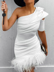 Solid Slanted Shoulder Feather Slim Dress