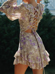 Printed V-Neck Long-Sleeve Open-Back Lace-Up Dress