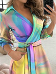 Tie-Dye Print V-Neck Long Sleeve Dress