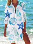 Starfish Lapel Long Sleeve Shirt Dress