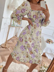 Square Neck Tie Floral Long Sleeve Dress