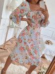 Square Neck Tie Floral Long Sleeve Dress