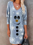 Smiley Snowflake V-Neck Long Sleeve Dress