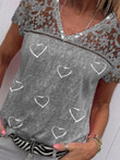 Lace V Neck Heart Print Short-sleeved T-shirt