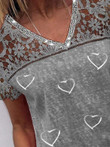 Lace V Neck Heart Print Short-sleeved T-shirt