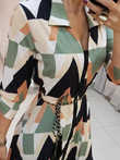 Geometric Print V-neck Shirt Dress With Belt