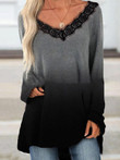 Lace Stitching V-Neck Long Sleeve Gradient T-Shirts