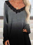 Lace Stitching V-Neck Long Sleeve Gradient T-Shirts