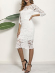 Lace Round Neck Long-sleeved Pencil Midi Dress