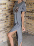 Leopard Print Pocket Stitching Split Short Sleeve Casual Dress