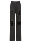 High Waist Button Personality Ripped Loose Straight-leg Pants