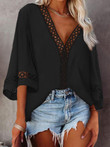 Hollow-out Bell Sleeve V-Neck Top