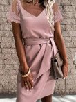 Solid Color Lace Sleeve V-neck Dress
