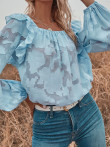 Ruffled Hollow Lace Round Neck Long Sleeve Blouses