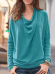 Solid Pleated V-neck Long-sleeved T-shirt