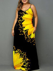 Spaghetti Strap Sunflower Print Pocket Maxi Dress