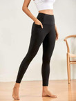 Solid Wide Waistband Sports Leggings With Phone Pocket