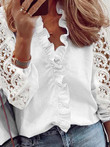 Solid Color Splicing Lace Ruffle Hem Long Sleeve Shirt