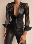 Blouses Lace-Paneled Leather Long-Sleeve Blouses
