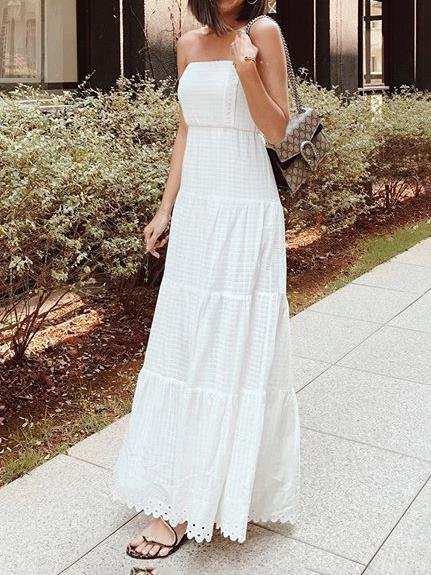 White Color Tube Top Off Shoulder Long Holiday Dress