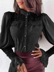 Blouses Lace Panel Stand Collar Flare Sleeves Blouse