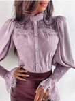 Blouses Lace Panel Stand Collar Flare Sleeves Blouse