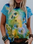 Watercolor Floral Print Round Neck Short Sleeve T-Shirt