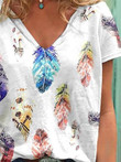 V-Neck Short Sleeve Feather Print Casual T-Shirt