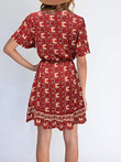 Women Paisley Print Short Sleeve V Neck Mini Dress With Drawstring