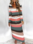 Loose V-Neck Striped Long Sleeve Dress