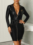 Lapel Zip Belted Long Sleeve Leather Dress