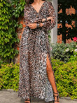 Leopard Print V-Neck Long Sleeve Split Dress