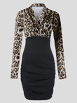 Deep V-Neck Leopard Print Long Sleeve Bodycon Dresses