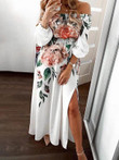 Floral One-Shoulder Long Sleeve Split Dress
