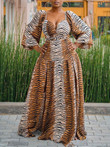 Leopard Print Deep V Neck Long Sleeve Slit Dress