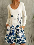 Floral Print V-Neck Long Sleeve Pocket Dress