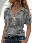 Loose V-neck Letter Print Zip Short Sleeve T-shirt