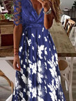 V-Neck Lace Paneled Print Maxi Dress