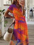 V-Neck Multicolor Printed Short Sleeve Slit Dress