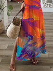 V-Neck Multicolor Printed Short Sleeve Slit Dress