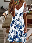 Printed V-Neck Lace Sleeve Dress