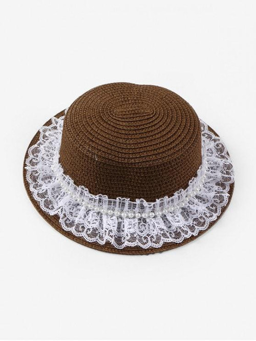 Faux Pearl Lace Straw Hat