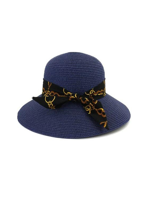 Chain Print Bowknot Wide Brim Straw Hat