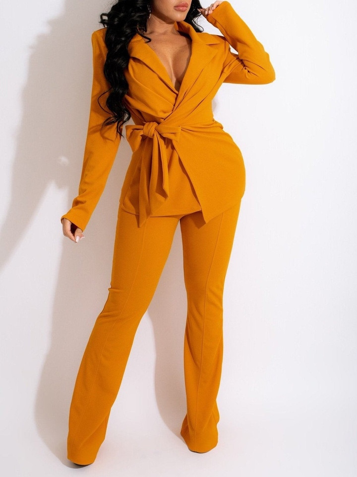Solid V-Neck Belted Long Sleeve Trousers Two-Piece Suit