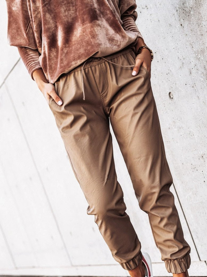Simple Elastic Tether Slim Leather Pants